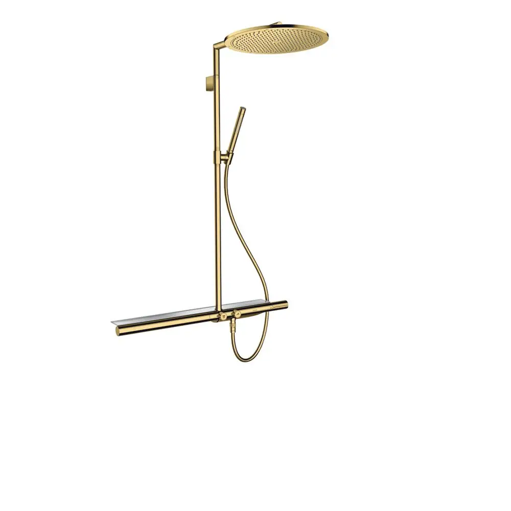 AXOR Duschsystem mit Thermostat und Kopfbrause, ausgeführt in poliertem Gold, montiert an einer Wand. Enthält Handbrause und Steuerungselemente.